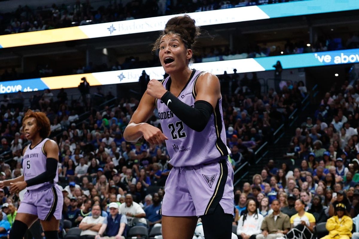 Aug 7, 2026; Dallas, Texas, USA;  Golden State Valkyries guard Veronica Burton (22) reacts after a play against the Dallas Wings during the first half at American Airlines Center. Mandatory Credit: Chris Jones-Imagn Images