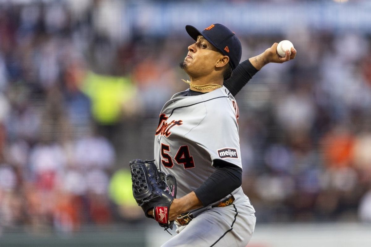 Aug 7, 2026; San Francisco, California, USA;  Detroit Tigers starting pitcher Keider Montero (54) throws against the San Francisco Giants during the first inning at Oracle Park. Mandatory Credit: John Hefti-Imagn Images
