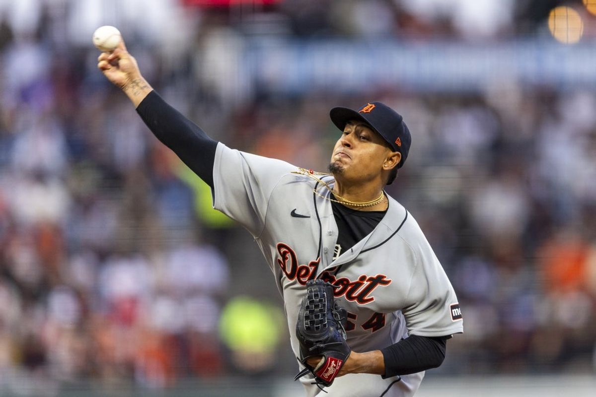 Aug 7, 2026; San Francisco, California, USA;  Detroit Tigers starting pitcher Keider Montero (54) throws against the San Francisco Giants during the first inning at Oracle Park. Mandatory Credit: John Hefti-Imagn Images
