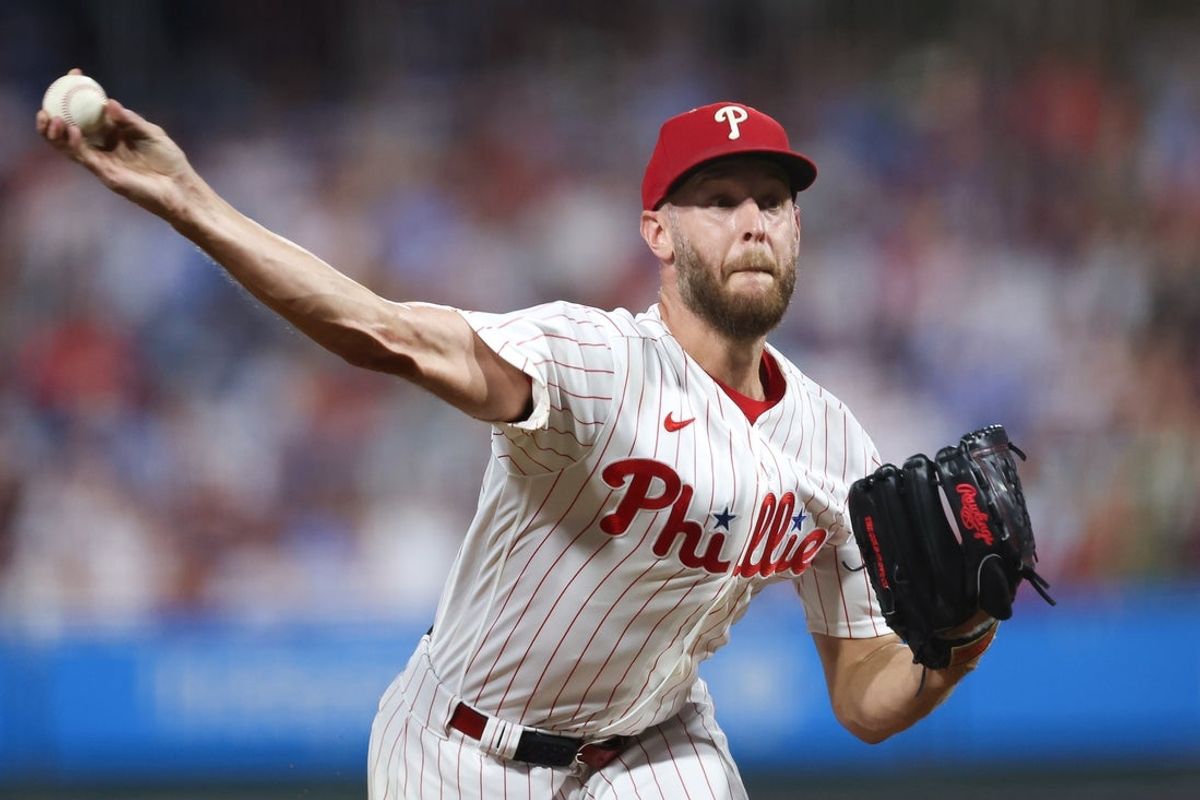 Aug 7, 2026; Philadelphia, Pennsylvania, USA; Philadelphia Phillies pitcher Zack Wheeler (45) throws a pitch during the fifth inning against the Toronto Blue Jays at Citizens Bank Park. Mandatory Credit: Bill Streicher-Imagn Images