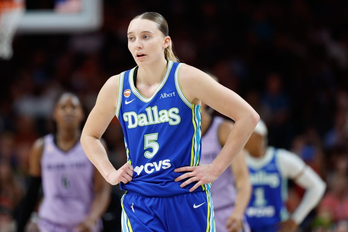 Aug 7, 2026; Dallas, Texas, USA;  Dallas Wings guard Paige Bueckers (5) reacts after a play against the Golden State Valkyries during the second half at American Airlines Center. Mandatory Credit: Chris Jones-Imagn Images