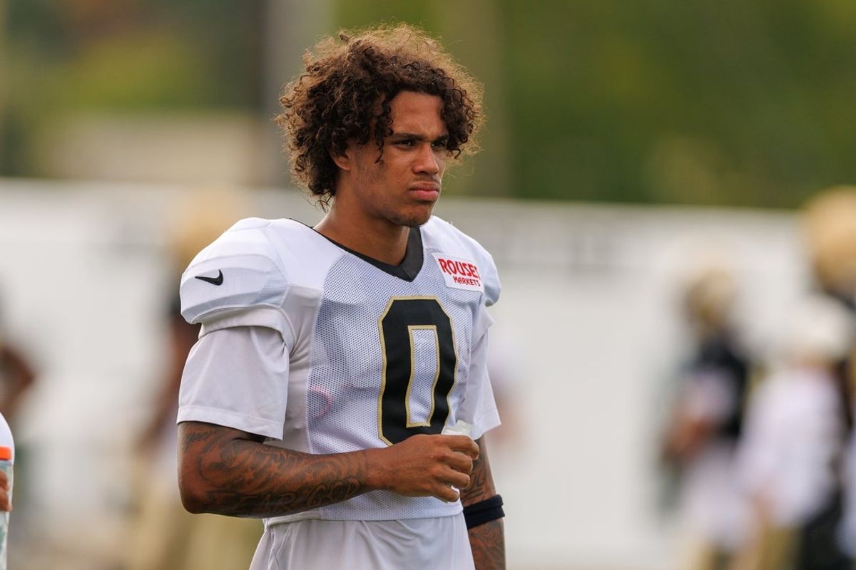 Aug 08, 2026; Metairie, LA, USA; New Orleans Saints wide receiver Jordyn Tyson (0) during training camp at Ochsner Sports Performance Center. Mandatory Credit: Stephen Lew-Imagn Images