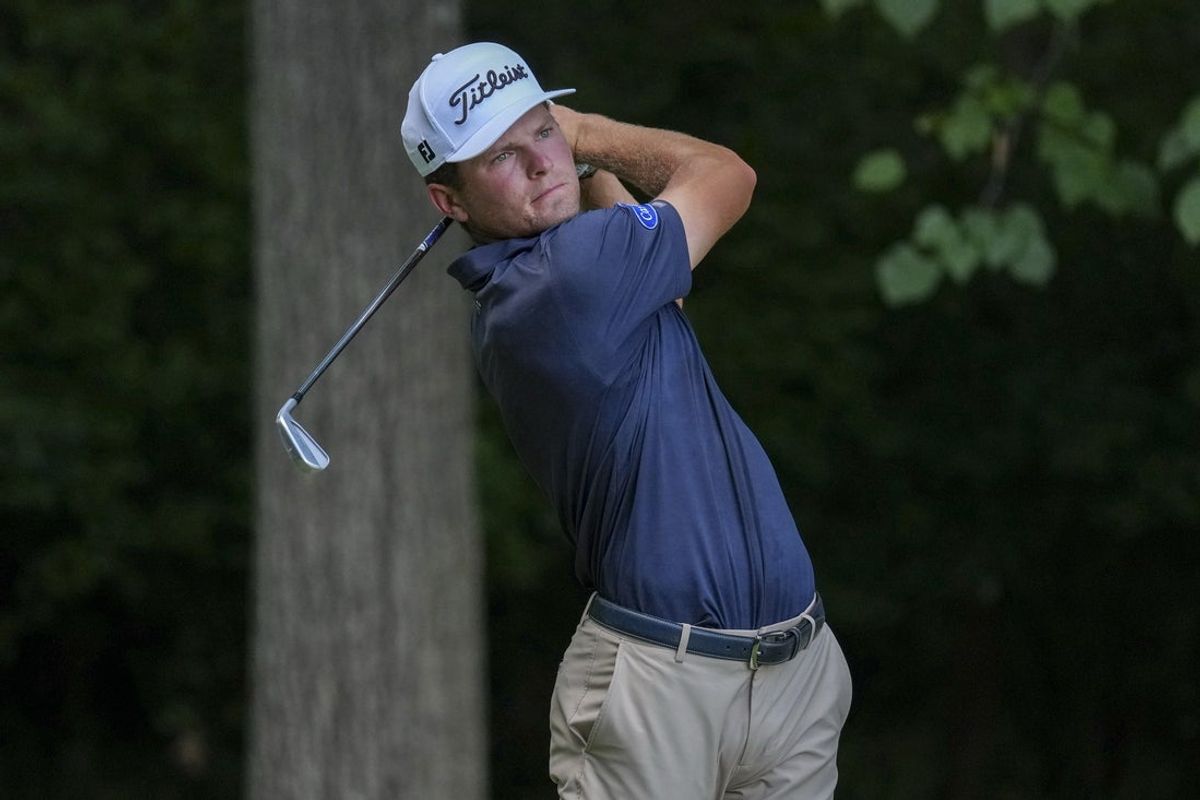 Aug 8, 2026; Greensboro, North Carolina, USA; Michael Brennan tees off on the second hole during the third round of the Wyndham Championship golf tournament. Mandatory Credit: Jim Dedmon-Imagn Images