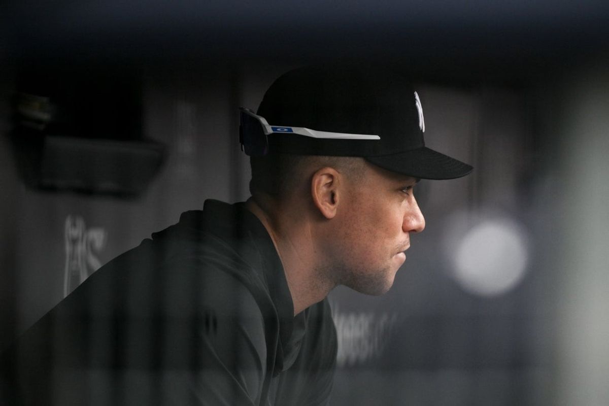 Aug 8, 2026; Bronx, New York, USA; New York Yankees outfielder Aaron Judge (99) looks on from the dugout during the fourth inning against the Atlanta Braves at Yankee Stadium. Mandatory Credit: John Jones-Imagn Images
