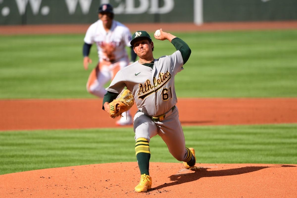 Aug 8, 2026; Boston, Massachusetts, USA; Athletics pitcher Gage Jump (61) pitches during the first inning against the Boston Red Sox at Fenway Park. Mandatory Credit: Bob DeChiara-Imagn Images