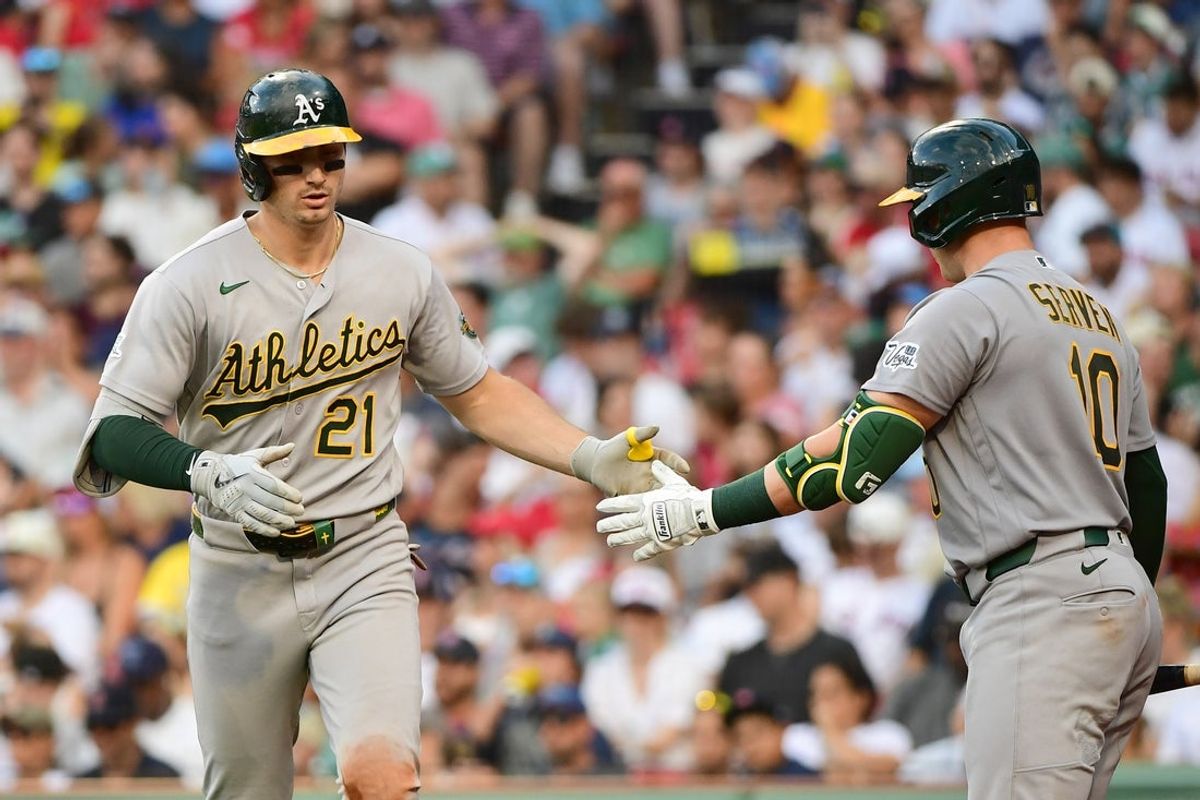 Aug 8, 2026; Boston, Massachusetts, USA; Athletics catcher Brian Serven (10) congratulates left fielder Tyler Soderstrom (21) after hitting a home run during the seventh inning against the Boston Red Sox at Fenway Park. Mandatory Credit: Bob DeChiara-Imagn Images