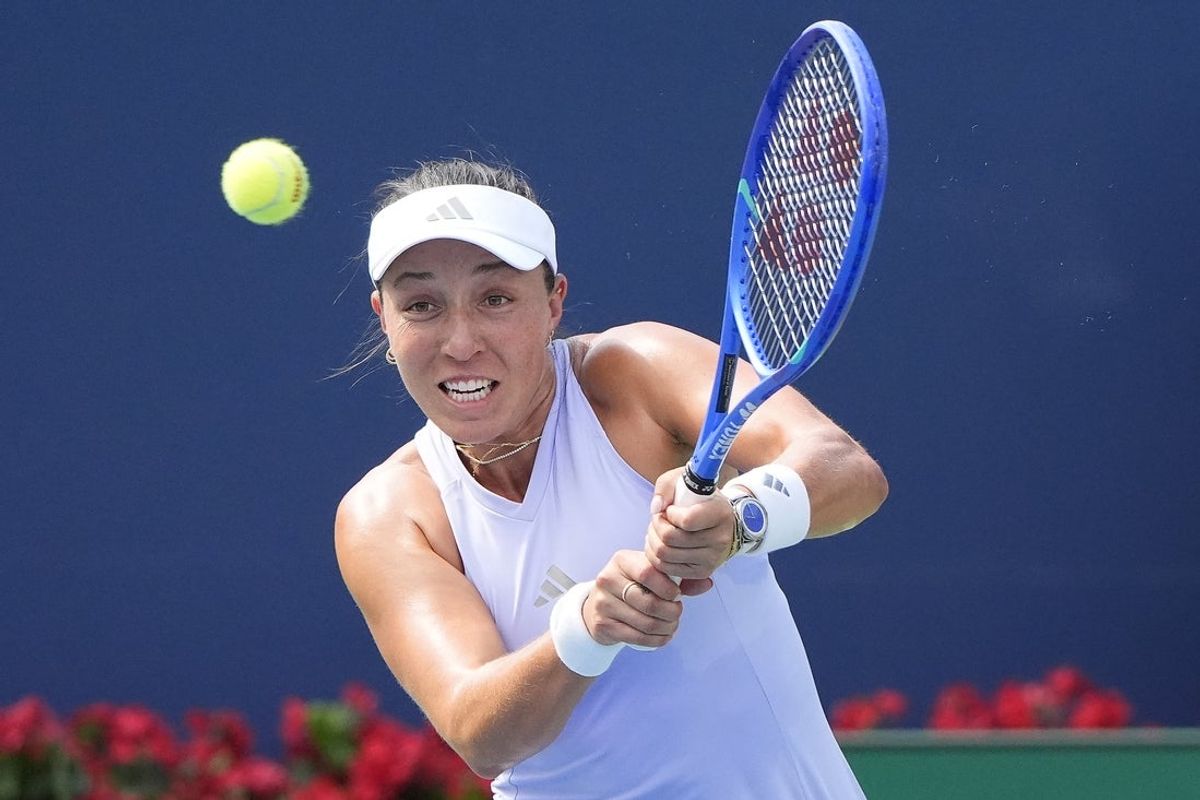 Aug 8, 2026; Toronto, Ontario, Canada; Jessica Pegula (USA) hits a ball to Diana Shnaider (not pictured) during the fourth round at the National Bank Open at Sobeys Stadium. Mandatory Credit: John E. Sokolowski-Imagn Images
