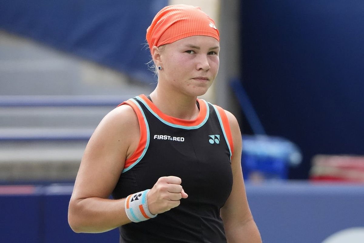 Aug 8, 2026; Toronto, Ontario, Canada; Diana Shnaider reacts after winning a point against Jessica Pegula (not pictured) during the fourth round at the National Bank Open at Sobeys Stadium. Mandatory Credit: John E. Sokolowski-Imagn Images