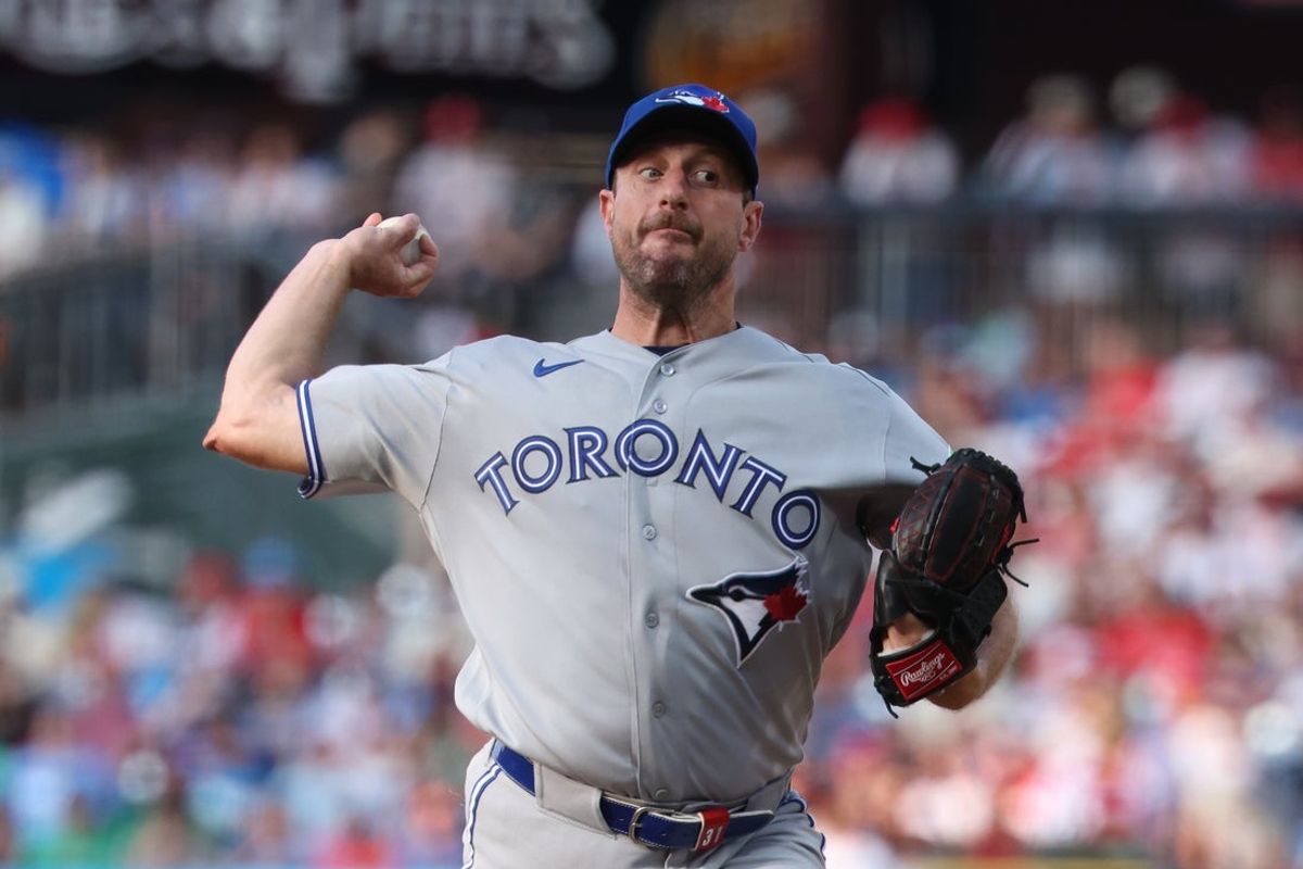 Aug 8, 2026; Philadelphia, Pennsylvania, USA; Toronto Blue Jays pitcher Max Scherzer (31) throws a pitch against the Philadelphia Phillies during the first inning at Citizens Bank Park. Mandatory Credit: Bill Streicher-Imagn Images