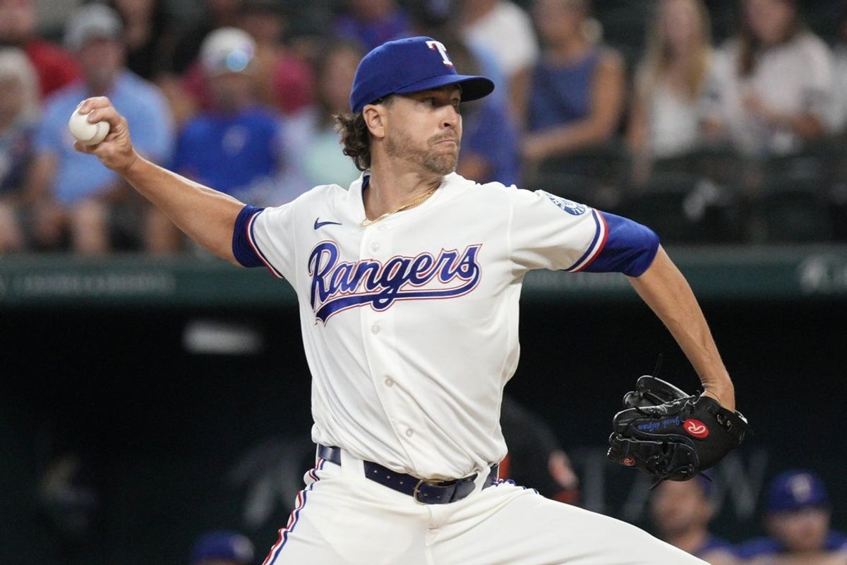 Aug 8, 2026; Arlington, Texas, USA;  Texas Rangers pitcher Jacob deGrom (48)  throws to the plate against the Baltimore Orioles during the first inning at Globe Life Field. Mandatory Credit: Raymond Carlin III-Imagn Images