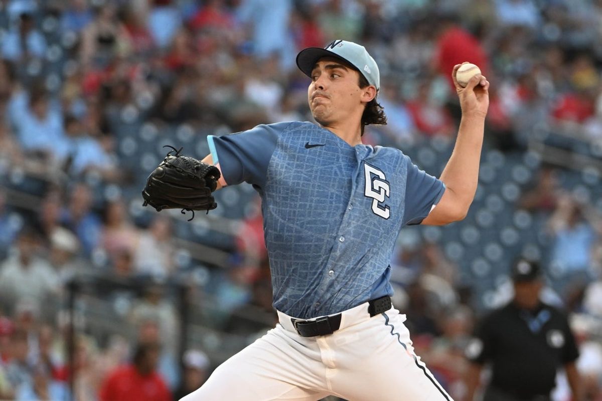 Aug 8, 2026; Washington, District of Columbia, USA; Washington Nationals pitcher Andrew Alvarez (54) throws to the Cincinnati Reds during the second inning at Nationals Park. Mandatory Credit: Brad Mills-Imagn Images