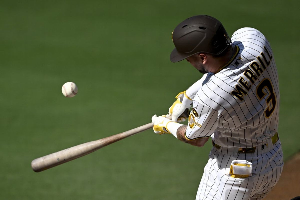 Aug 8, 2026; San Diego, California, USA; San Diego Padres center fielder Jackson Merrill (3) hits an RBI single during the first inning against the Houston Astros at Petco Park. Mandatory Credit: Denis Poroy-Imagn Images