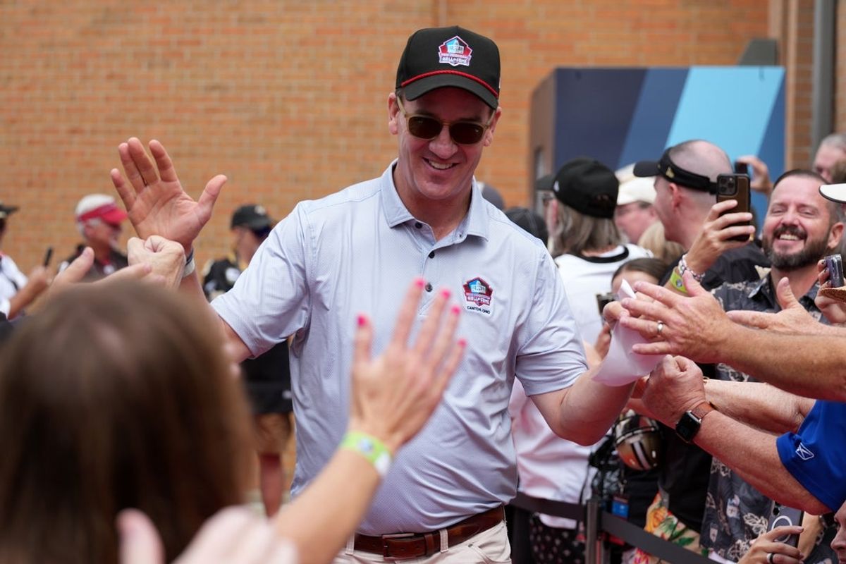 Aug 8, 2026; Canton, OH, USA; Peyton Manning arrives during the Pro Football Hall of Fame enshrinement at Tom Benson Hall of Fame Stadium. Mandatory Credit: Kirby Lee-Imagn Images