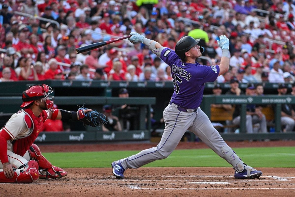 Aug 8, 2026; St. Louis, Missouri, USA; Colorado Rockies catcher Hunter Goodman (15) hits a one run single against the St. Louis Cardinals during the third inning at Busch Stadium. Mandatory Credit: Jeff Curry-Imagn Images