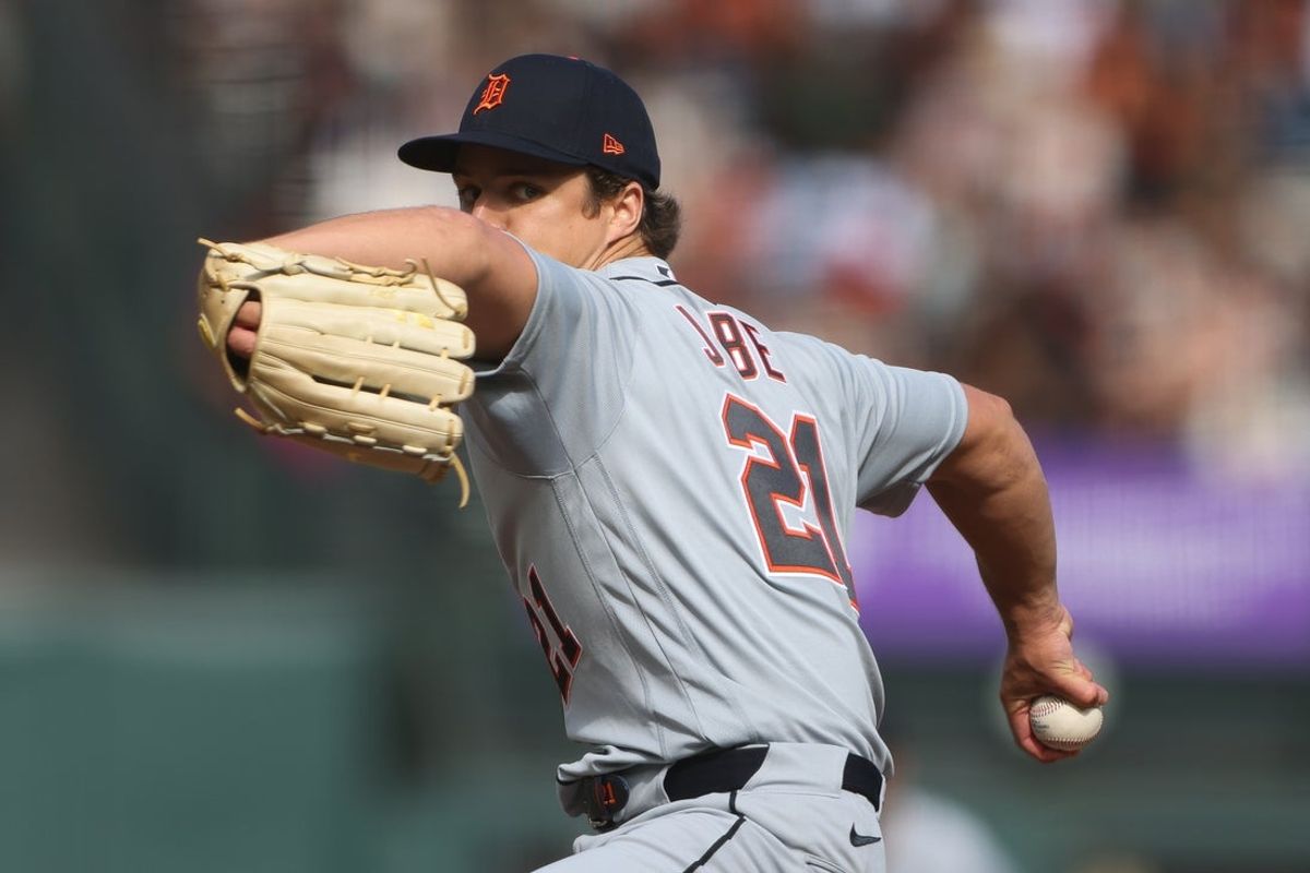 Aug 8, 2026; San Francisco, California, USA; Detroit Tigers pitcher Jackson Jobe (21) pitches during the second inningagainst the San Francisco Giants at Oracle Park. Mandatory Credit: Scott Marshall-Imagn Images