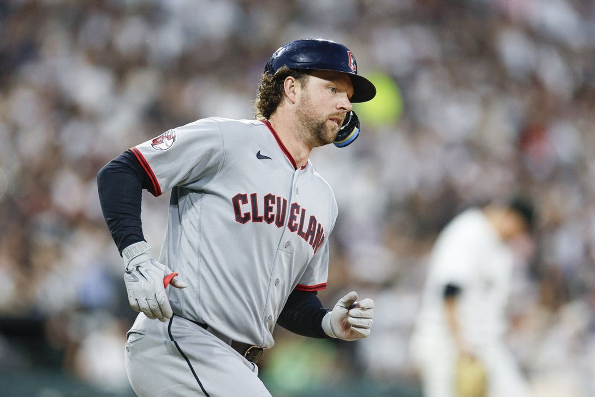 Aug 8, 2026; Chicago, Illinois, USA; Cleveland Guardians first baseman Rhys Hoskins (8) rounds the bases after hitting a two-run home run against the Chicago White Sox during the sixth inning at Rate Field. Mandatory Credit: Kamil Krzaczynski-Imagn Images