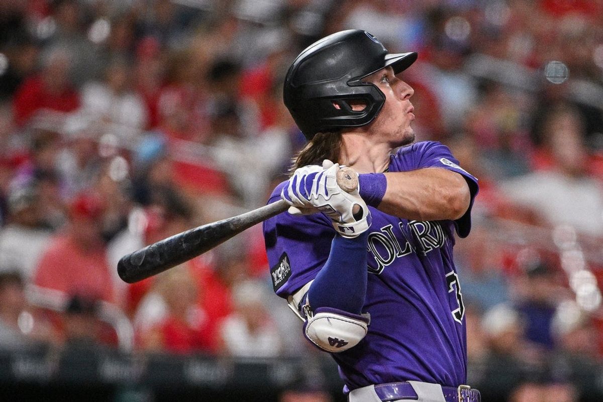 Aug 8, 2026; St. Louis, Missouri, USA; Colorado Rockies left fielder Jake McCarthy (31) hits a two run home run against the St. Louis Cardinals during the sixth inning  at Busch Stadium. Mandatory Credit: Jeff Curry-Imagn Images