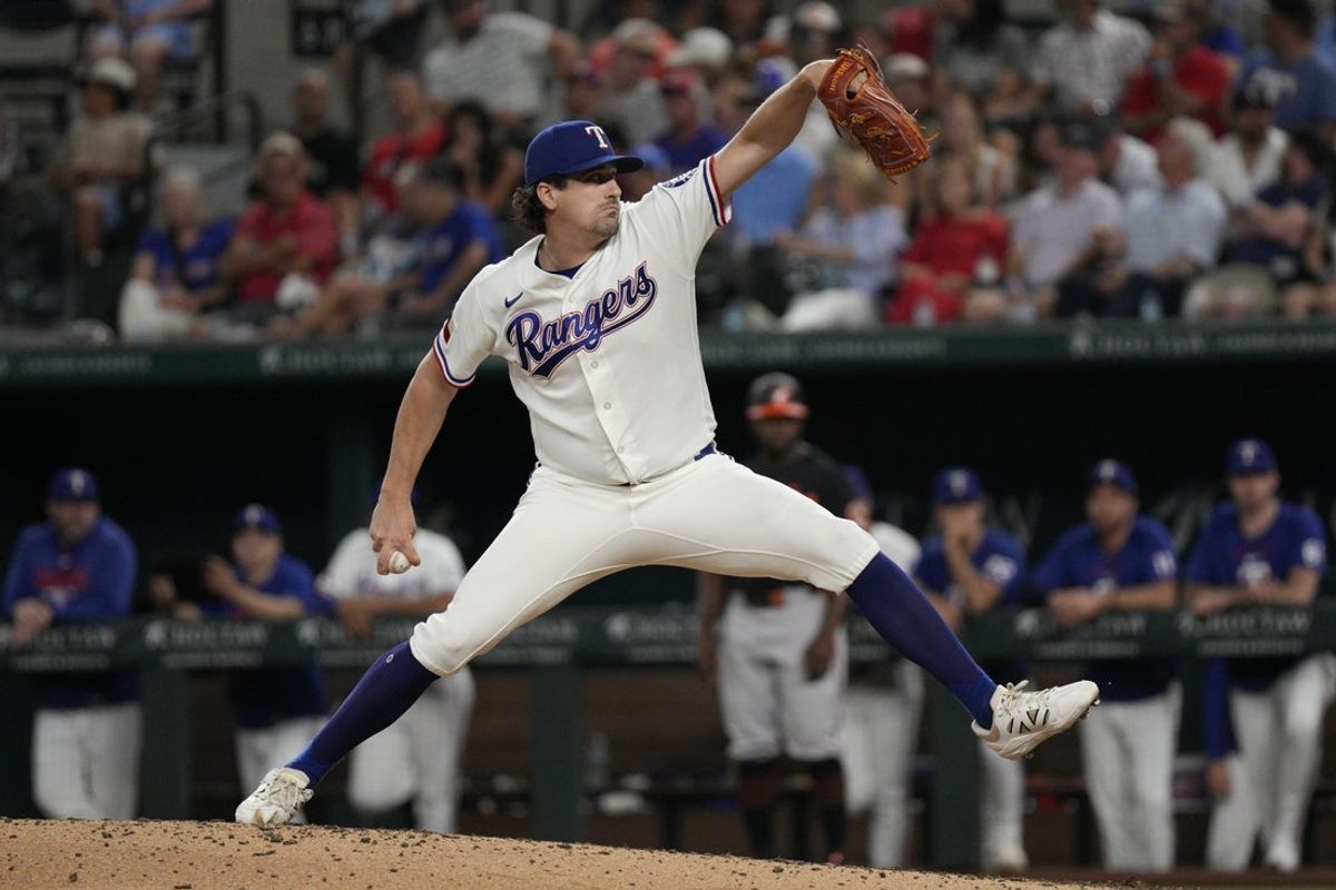 Aug 8, 2026; Arlington, Texas, USA;  Texas Rangers pitcher Cal Quantrill (44) throws to the plate against the Baltimore Orioles during the ninth inning at Globe Life Field. Mandatory Credit: Raymond Carlin III-Imagn Images