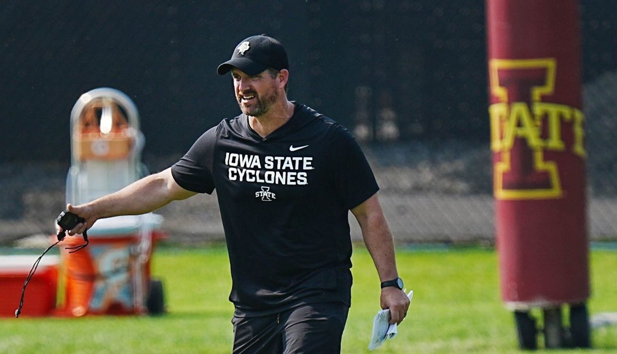 owa State coach Jimmy Rogers reacts during the university’s football open practice at Johnny Majors practice field on August 8, 2026, in Ames, Iowa.