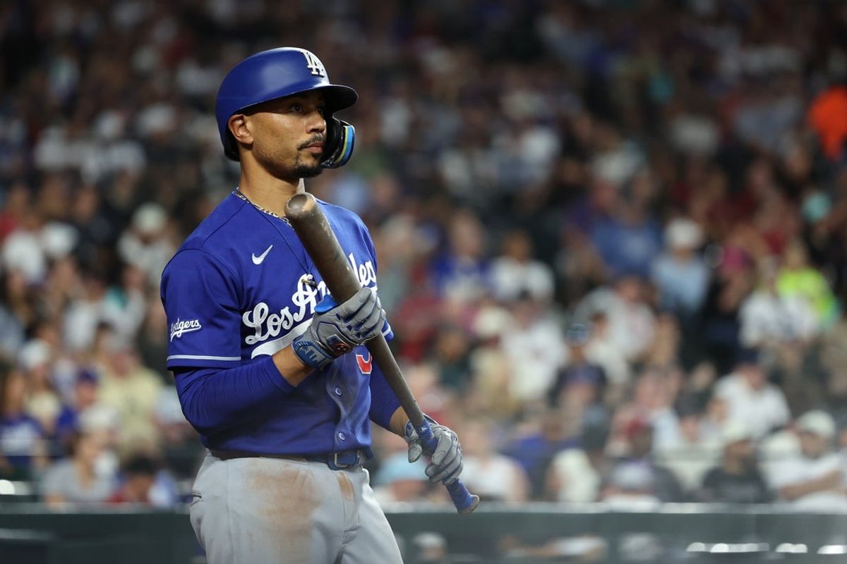 Aug 8, 2026; Phoenix, Arizona, USA; Los Angeles Dodgers infielder Freddie Freeman (5) looks to the field before batting against the Arizona Diamondbacks in the seventh inning at Chase Field. Mandatory Credit: Anna Carrington-Imagn Images