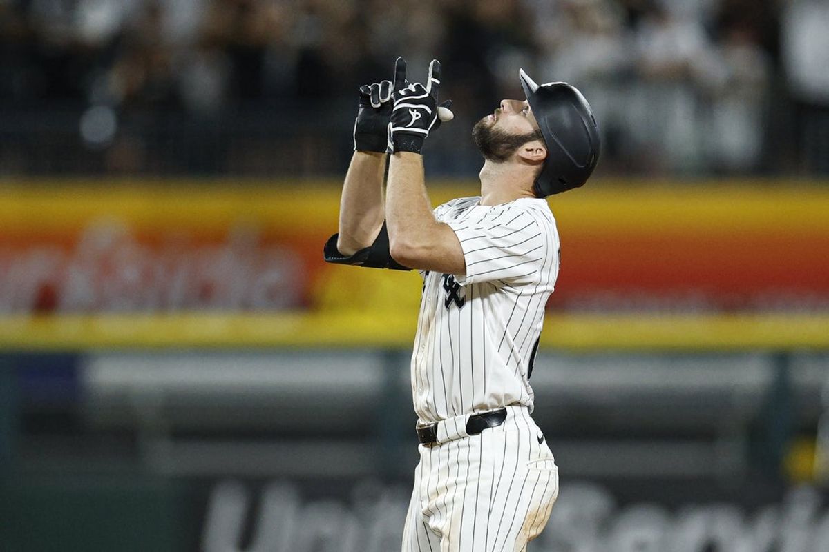 Aug 8, 2026; Chicago, Illinois, USA; Chicago White Sox center fielder Tristan Peters (29) reacts after hitting a two-run double against the Cleveland Guardians during the sixth inning at Rate Field. Mandatory Credit: Kamil Krzaczynski-Imagn Images