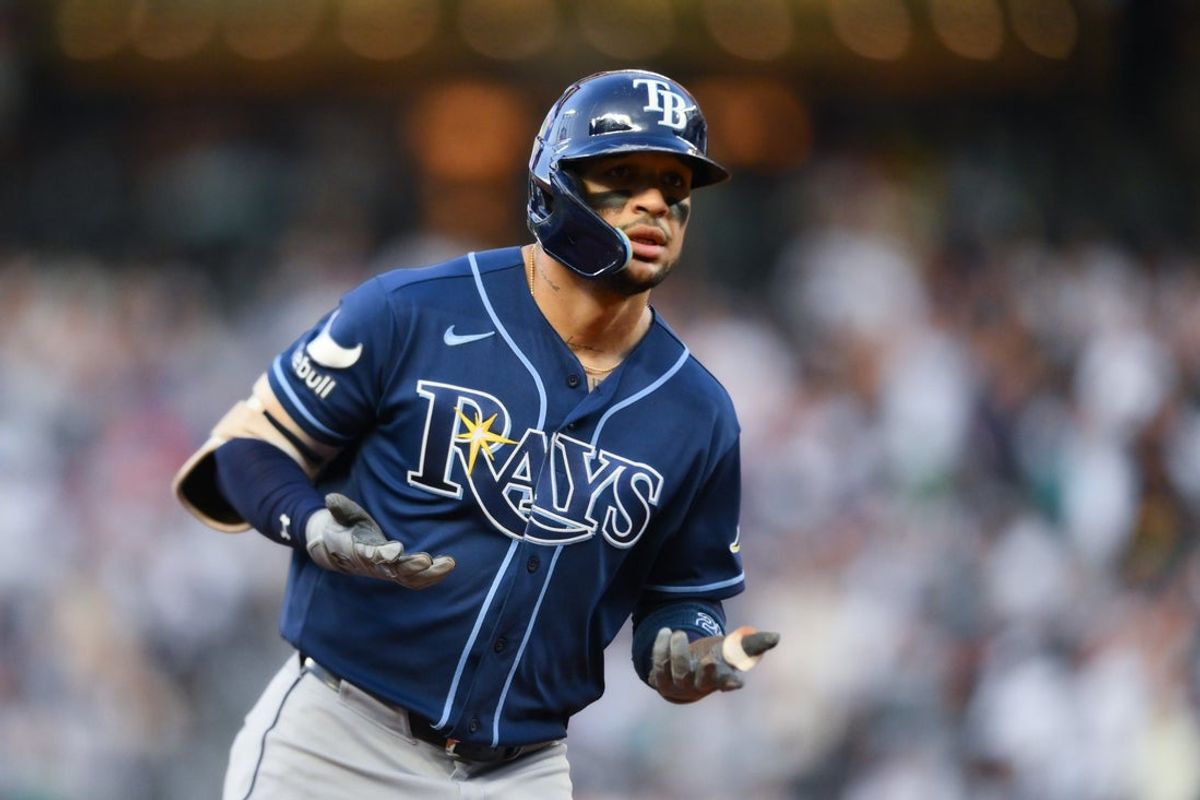 Aug 8, 2026; Seattle, Washington, USA; Tampa Bay Rays right fielder Victor Mesa Jr. (25) runs the bases after hitting a home run against the Seattle Mariners during the fourth inning at T-Mobile Park. Mandatory Credit: Steven Bisig-Imagn Images