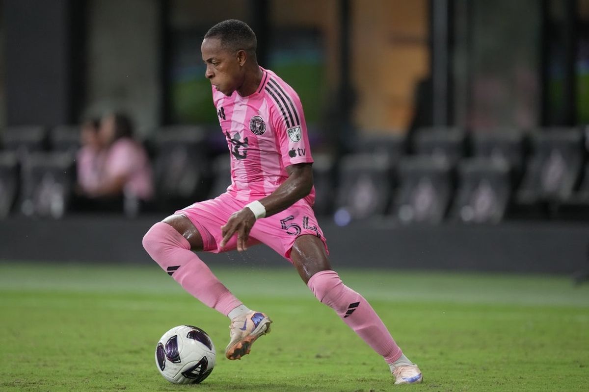 Aug 8, 2026; Miami, FL, USA; Inter Miami CF forward Lovend's Delinois (54) looks to pass the ball against Monterrey in the second half of the Leagues Cup Phase One match at Nu Stadium. Mandatory Credit: Jim Rassol-Imagn Images