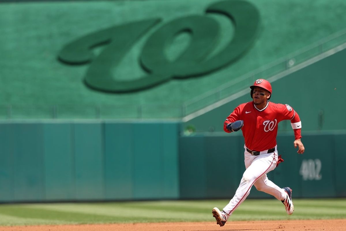Aug 9, 2026; Washington, District of Columbia, USA; Washington Nationals third baseman Jorbit Vivas (84) advances to third base on an RBI single by Nationals catcher Keibert Ruiz (not pictured) against the Cincinnati Reds during the second inning at Nationals Park. Mandatory Credit: Geoff Burke-Imagn Images