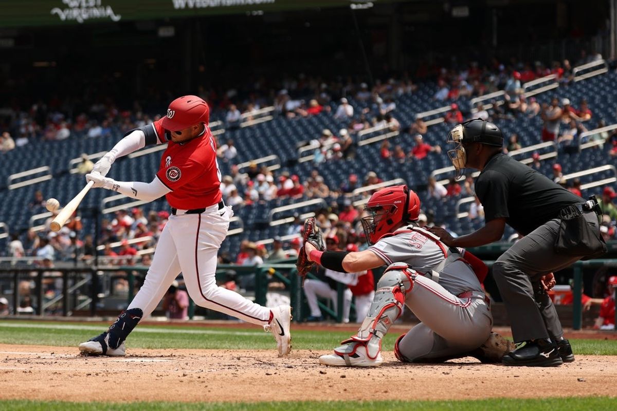 Aug 9, 2026; Washington, District of Columbia, USA; Washington Nationals first baseman Abimelec Ortiz (81) hits a solo home run against the Cincinnati Reds during the third inning at Nationals Park. Mandatory Credit: Geoff Burke-Imagn Images