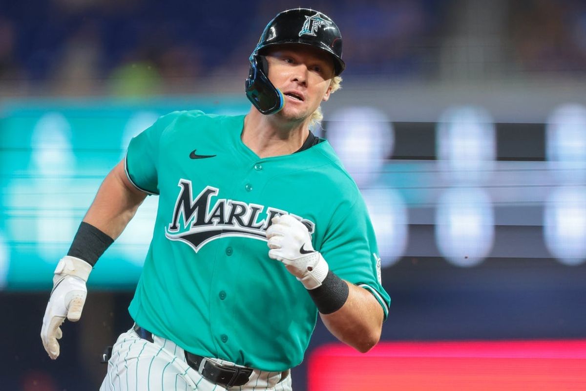 Aug 9, 2026; Miami, Florida, USA; Miami Marlins first baseman Kyle Stowers (28) runs toward thir base after hitting a triple against the Los Angeles Angels during the first inning at loanDepot Park. Mandatory Credit: Sam Navarro-Imagn Images