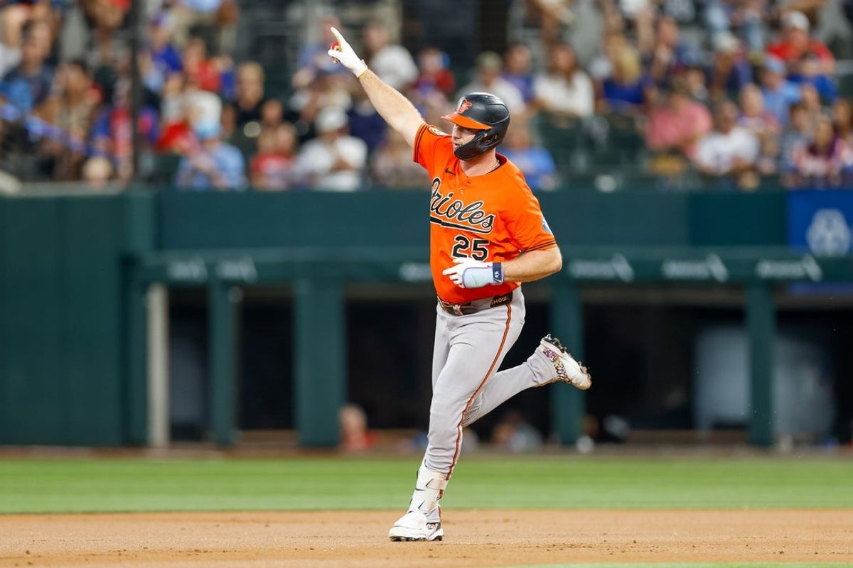 Aug 9, 2026; Arlington, Texas, USA; Baltimore Orioles first baseman Pete Alonso (25) hits a home run during the second inning against the Texas Rangers at Globe Life Field. Mandatory Credit: Andrew Dieb-Imagn Images