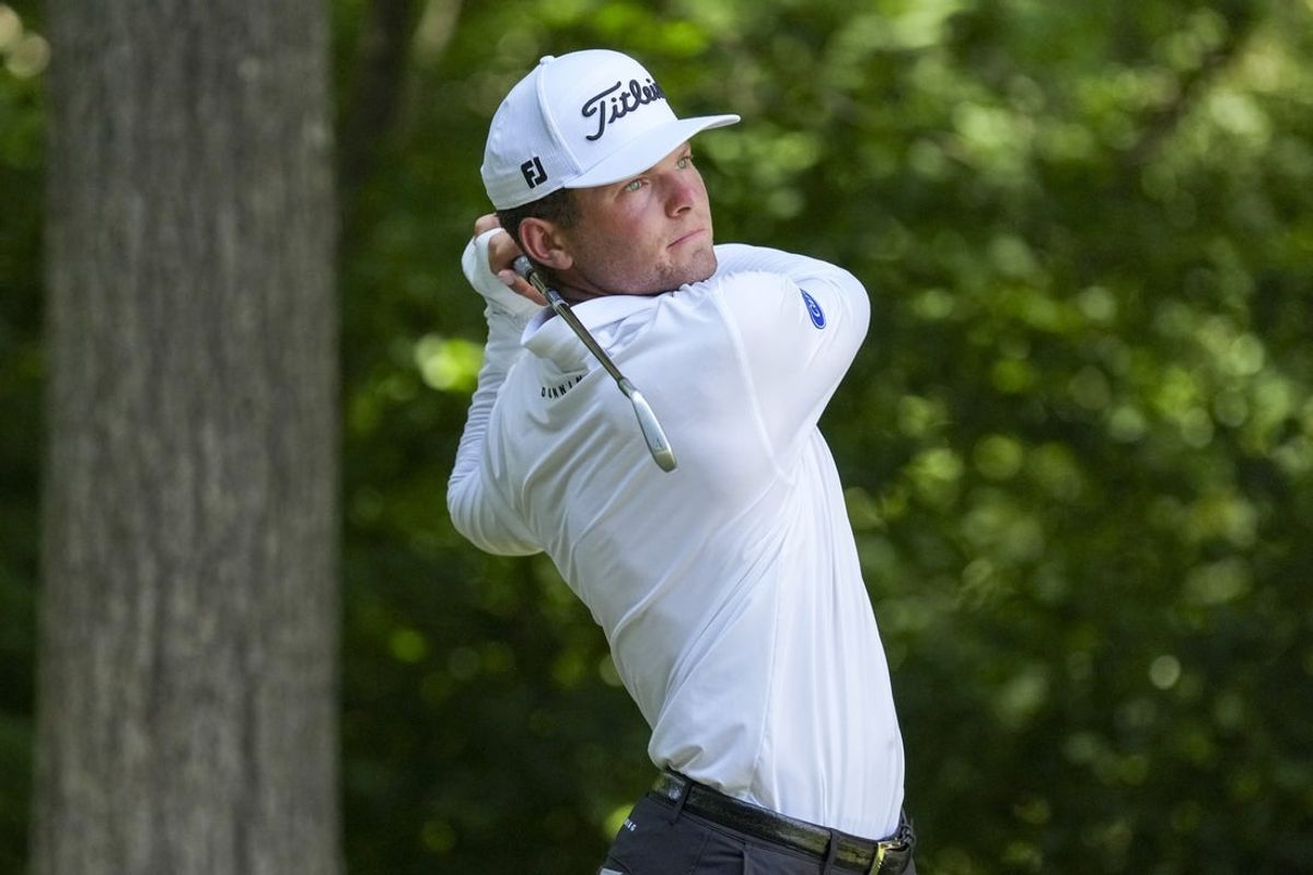 Aug 9, 2026; Greensboro, North Carolina, USA; Michael Brennan hits a tee shot during the final round of the Wyndham Championship golf tournament. Mandatory Credit: Jim Dedmon-Imagn Images