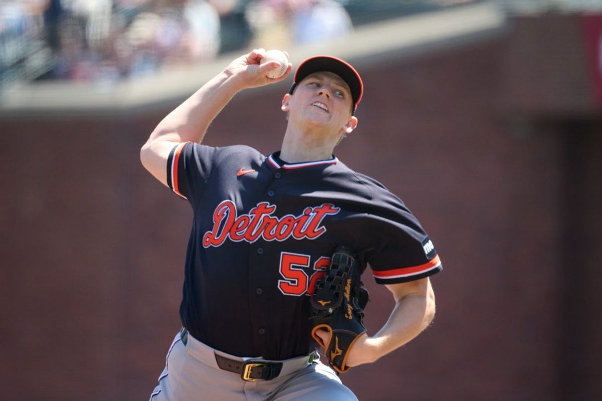 Aug 9, 2026; San Francisco, California, USA; Detroit Tigers starting pitcher Troy Melton (52) throws a pitch against the San Francisco Giants during the first inning at Oracle Park. Mandatory Credit: Robert Edwards-Imagn Images
