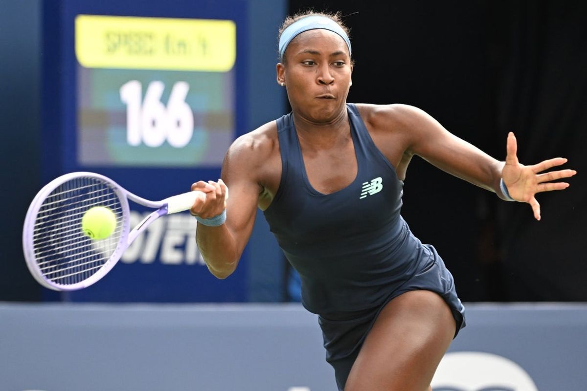 Aug 9, 2026; Toronto, Ontario, Canada;  Coco Gauff (USA) plays a shot against Alina Korneeva during fourth round play at Sobeys Stadium. Mandatory Credit: Dan Hamilton-Imagn Images