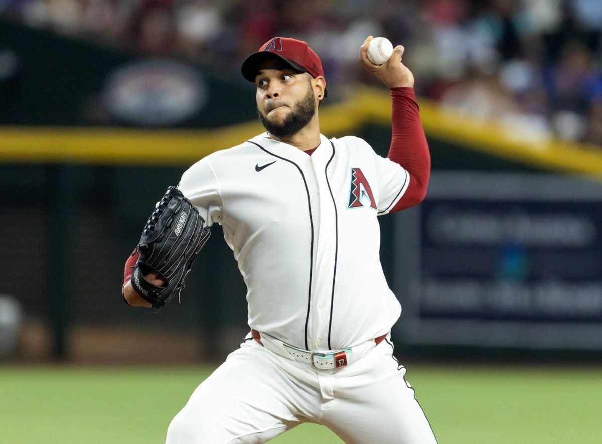 Aug 9, 2026; Phoenix, Arizona, USA; Arizona Diamondbacks pitcher Eduardo Rodriguez in the first inning against the Los Angeles Dodgers at Chase Field. Mandatory Credit: Mark J. Rebilas-Imagn Images