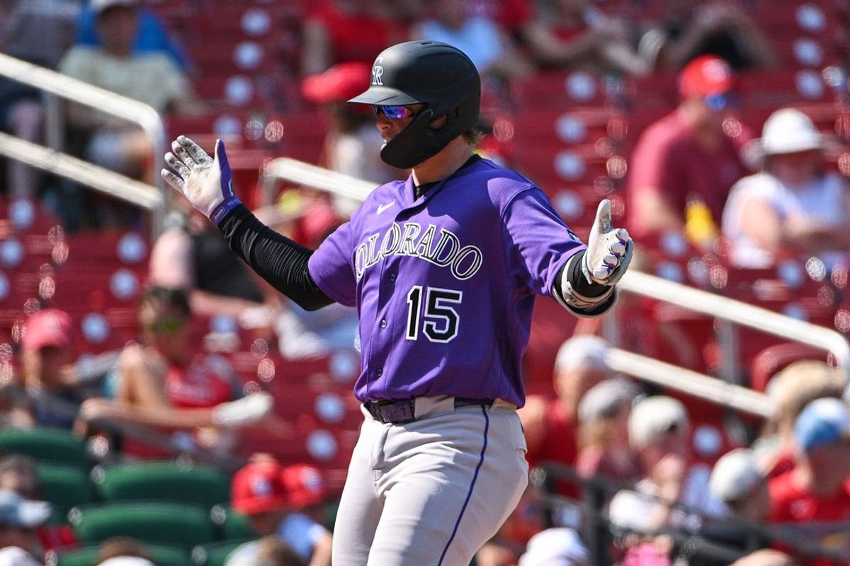 Aug 9, 2026; St. Louis, Missouri, USA; Colorado Rockies designated hitter Hunter Goodman (15) reacts after hitting a solo home run against the St. Louis Cardinals during the eighth inning at Busch Stadium. Mandatory Credit: Jeff Curry-Imagn Images