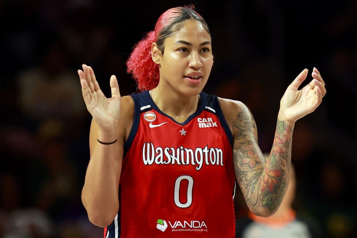 Aug 9, 2026; Washington, District of Columbia, USA; Washington Mystics center Shakira Austin (0) celebrates during the first half against the Phoenix Mercury at CareFirst Arena. Mandatory Credit: Daniel Kucin Jr.-Imagn Images