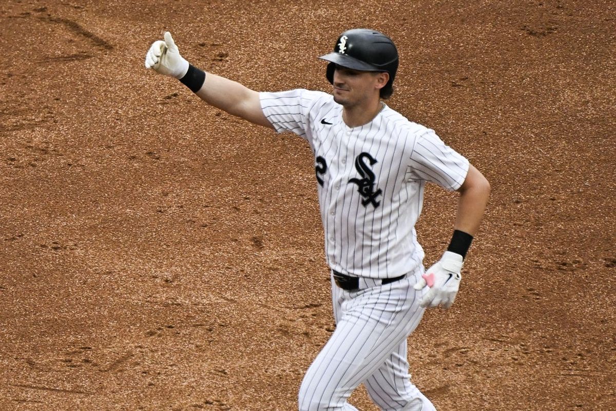 Aug 9, 2026; Chicago, Illinois, USA;  Chicago White Sox shortstop Colson Montgomery (12) points after he hits a three run home run during the third inning against the Cleveland Guardians at Rate Field. Mandatory Credit: Matt Marton-Imagn Images