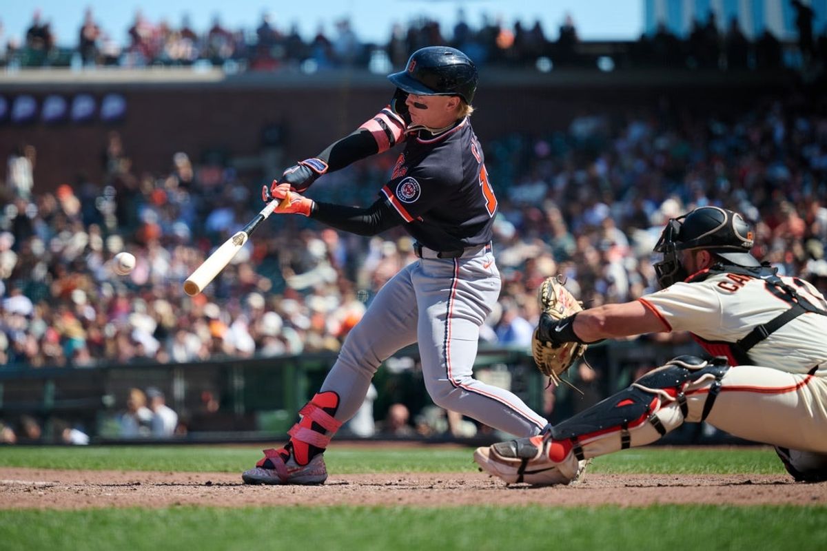 Aug 9, 2026; San Francisco, California, USA; Detroit Tigers outfielder Max Clark (15) hits into an RBI fielders choice to score Detroit Tigers infielder Hao-Yu Lee (not pictured) against San Francisco Giants pitcher Sam Hentges (not pictured) during the tenth inning at Oracle Park. Mandatory Credit: Robert Edwards-Imagn Images