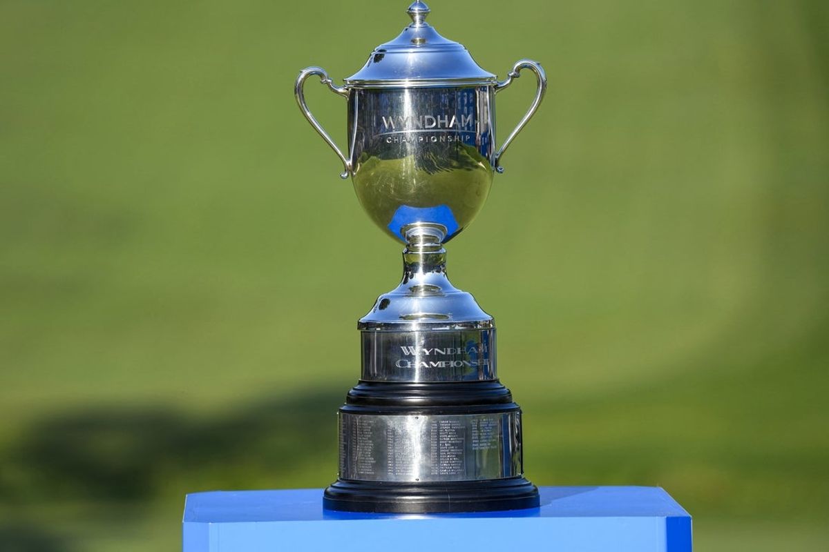 Aug 9, 2026; Greensboro, North Carolina, USA; Sam Snead trophy on the 18th green during the final round of the Wyndham Championship golf tournament. Mandatory Credit: Jim Dedmon-Imagn Images