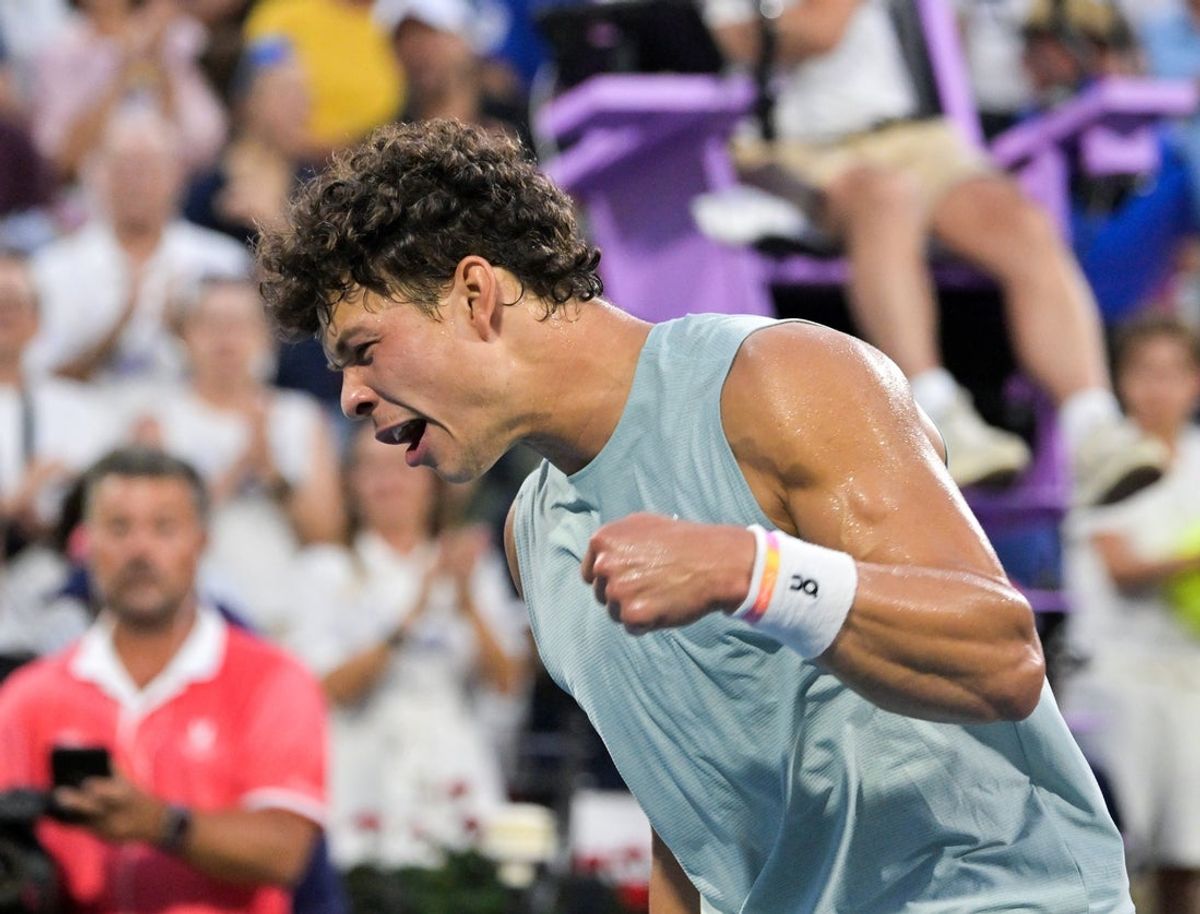 Aug 9, 2026; Montreal, QC, Canada; Ben Shelton (USA) reacts after defeating Joao Fonseca (BRA) during round of sixteen play at IGA Stadium. Mandatory Credit: Eric Bolte-Imagn Images
