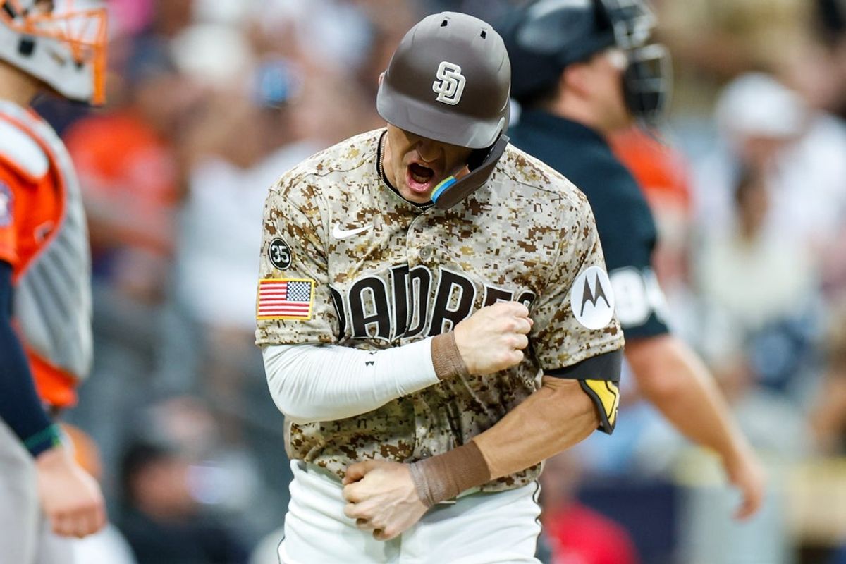 Aug 9, 2026; San Diego, California, USA; San Diego Padres pitch hitter Austin Hays (15) celebrates after hitting a two-run home run during the eighth inning against the Houston Astros at Petco Park. Mandatory Credit: David Frerker-Imagn Images
