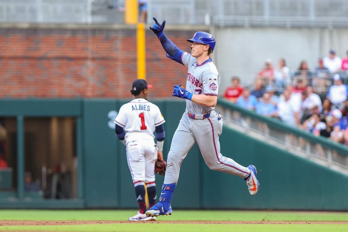 Aug 10, 2026; Cumberland, Georgia, USA; New York Mets third baseman Brett Baty (7) runs the bases after hitting a home run against the Atlanta Braves during the first inning at Truist Park. Mandatory Credit: Jordan Godfree-Imagn Images