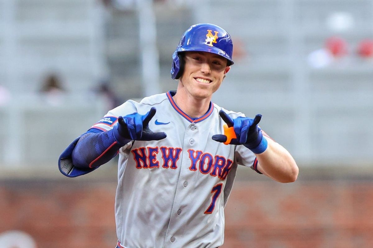 Aug 10, 2026; Cumberland, Georgia, USA; New York Mets third baseman Brett Baty (7) runs the bases after hitting a home run against the Atlanta Braves during the first inning at Truist Park. Mandatory Credit: Jordan Godfree-Imagn Images