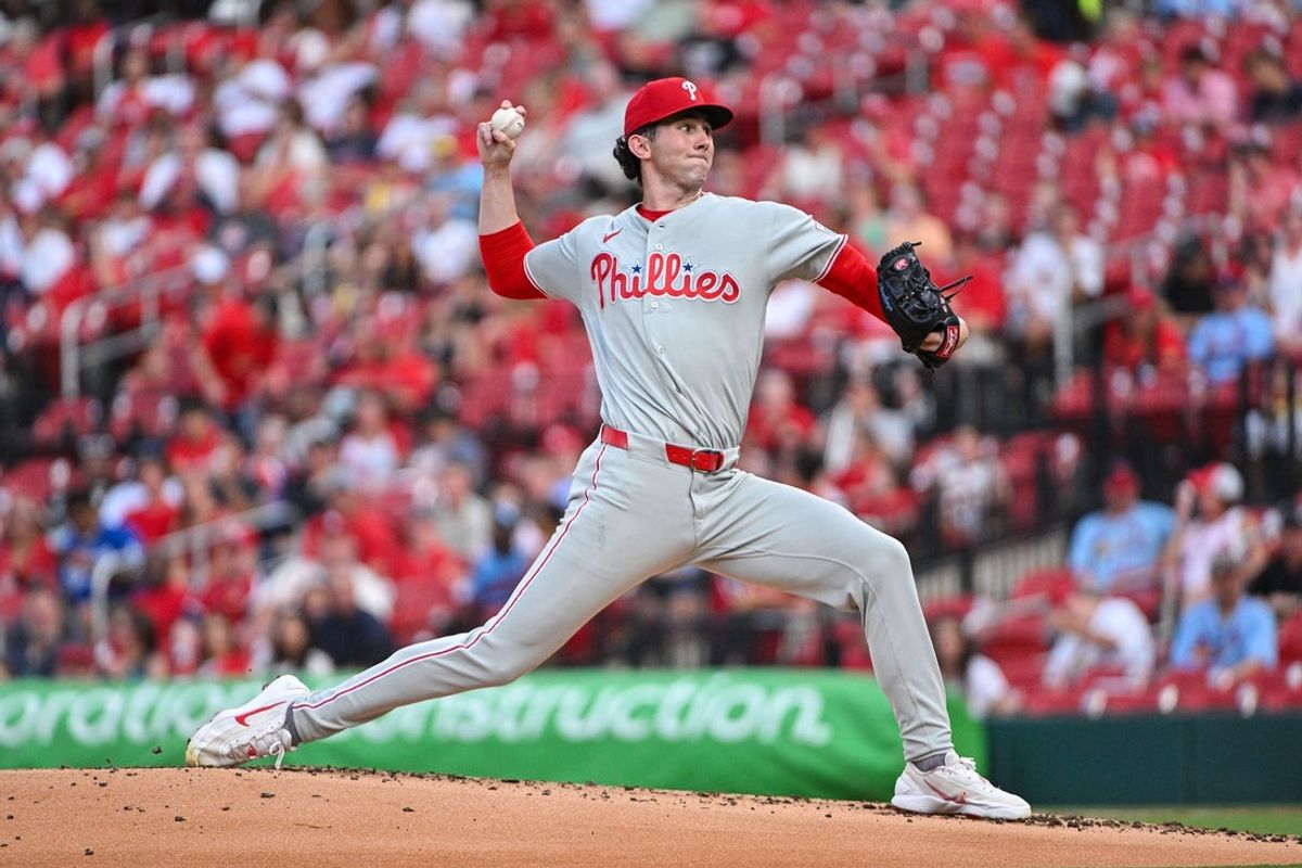 Aug 10, 2026; St. Louis, Missouri, USA; Philadelphia Phillies starting pitcher Andrew Painter (24) throws against the St. Louis Cardinals during the first inning at Busch Stadium. Mandatory Credit: Jeff Curry-Imagn Images