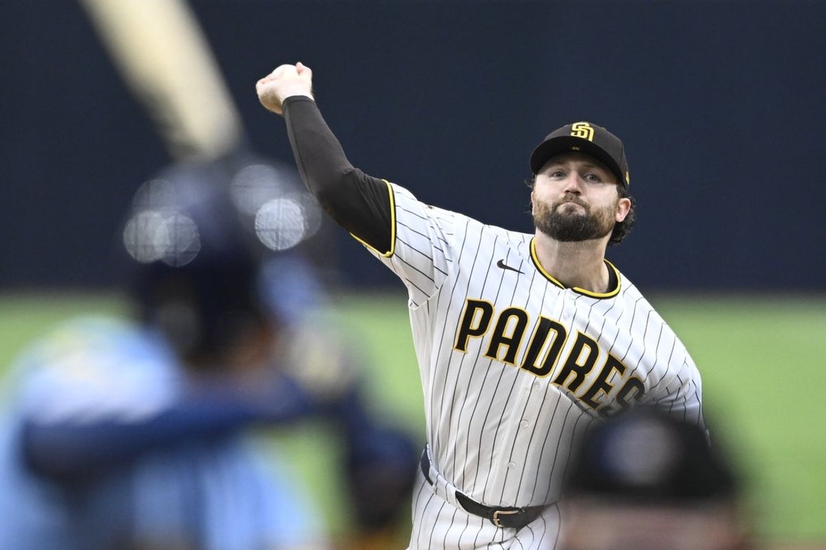 Aug 10, 2026; San Diego, California, USA; San Diego Padres pitcher Casey Mize (32) delivers during the first inning against the Milwaukee Brewers at Petco Park. Mandatory Credit: Denis Poroy-Imagn Images