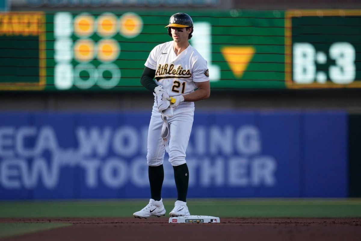 Aug 10, 2026; West Sacramento, California, USA; Athletics designated hitter Tyler Soderstrom (21) stands on second base after hitting an RBI double against the Tampa Bay Rays in the first inning at Sutter Health Park. Mandatory Credit: Cary Edmondson-Imagn Images