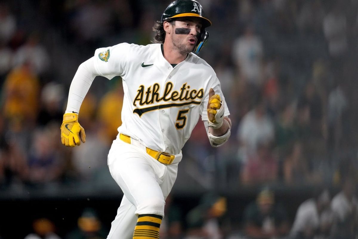Aug 10, 2026; West Sacramento, California, USA; Athletics shortstop Jacob Wilson (5) runs towards first base after hitting an RBI double against the Tampa Bay Rays in the seventh inning at Sutter Health Park. Mandatory Credit: Cary Edmondson-Imagn Images