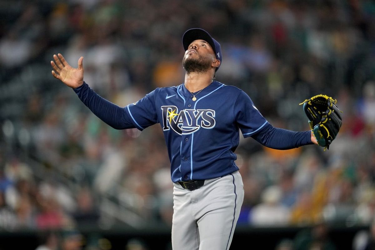 Aug 10, 2026; West Sacramento, California, USA; Tampa Bay Rays pitcher Freddy Peralta (51) looks towards the sky after the Rays recorded an out against the Athletics in the sixth inning at Sutter Health Park. Mandatory Credit: Cary Edmondson-Imagn Images