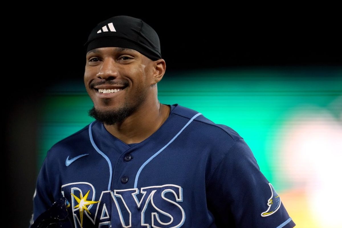 Aug 10, 2026; West Sacramento, California, USA; Tampa Bay Rays left fielder Chandler Simpson (14) smiles after grounding out against the Athletics in the ninth inning at Sutter Health Park. Mandatory Credit: Cary Edmondson-Imagn Images